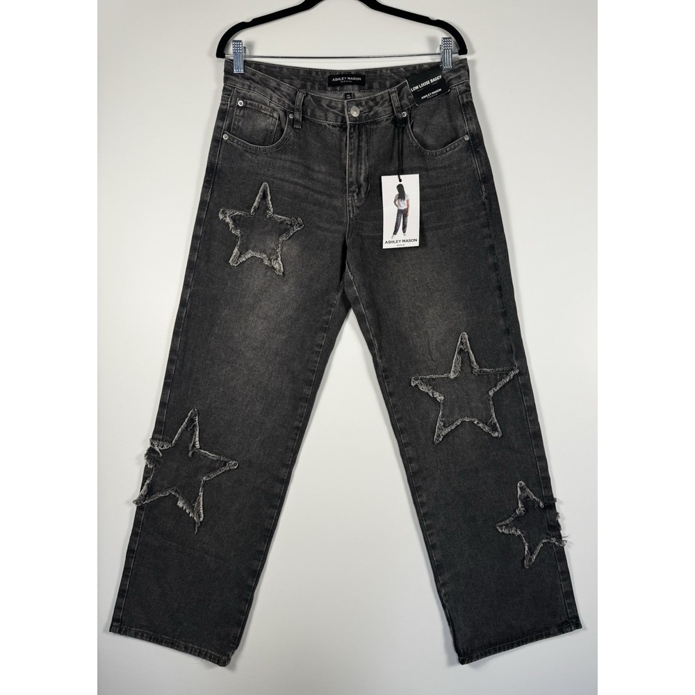 Womens Jeans Black Baggy Wide Leg  Distressed Wash Star NWT Size 7/28 Y2K Grunge